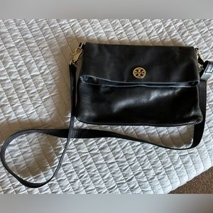 Black Leather Tory Burch Dena Foldover Crossbody